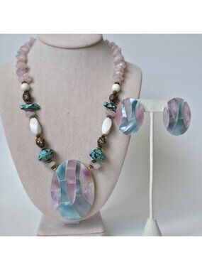 Vintage Acrylic Mosaic Shell on Acrylic Earrings Rose Quartz Howlite Necklace